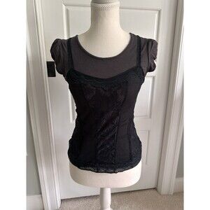 Vintage Express Y2K Black Lace Corset Top Layered Cap Sleeve Tee XS Grunge Fairy